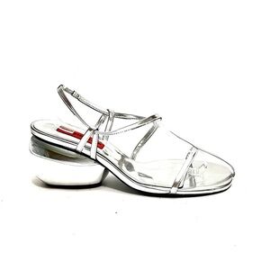 SIMON MILLER | Silver leather strappy chrome heel Moderno Sandal Pumps NWOT
